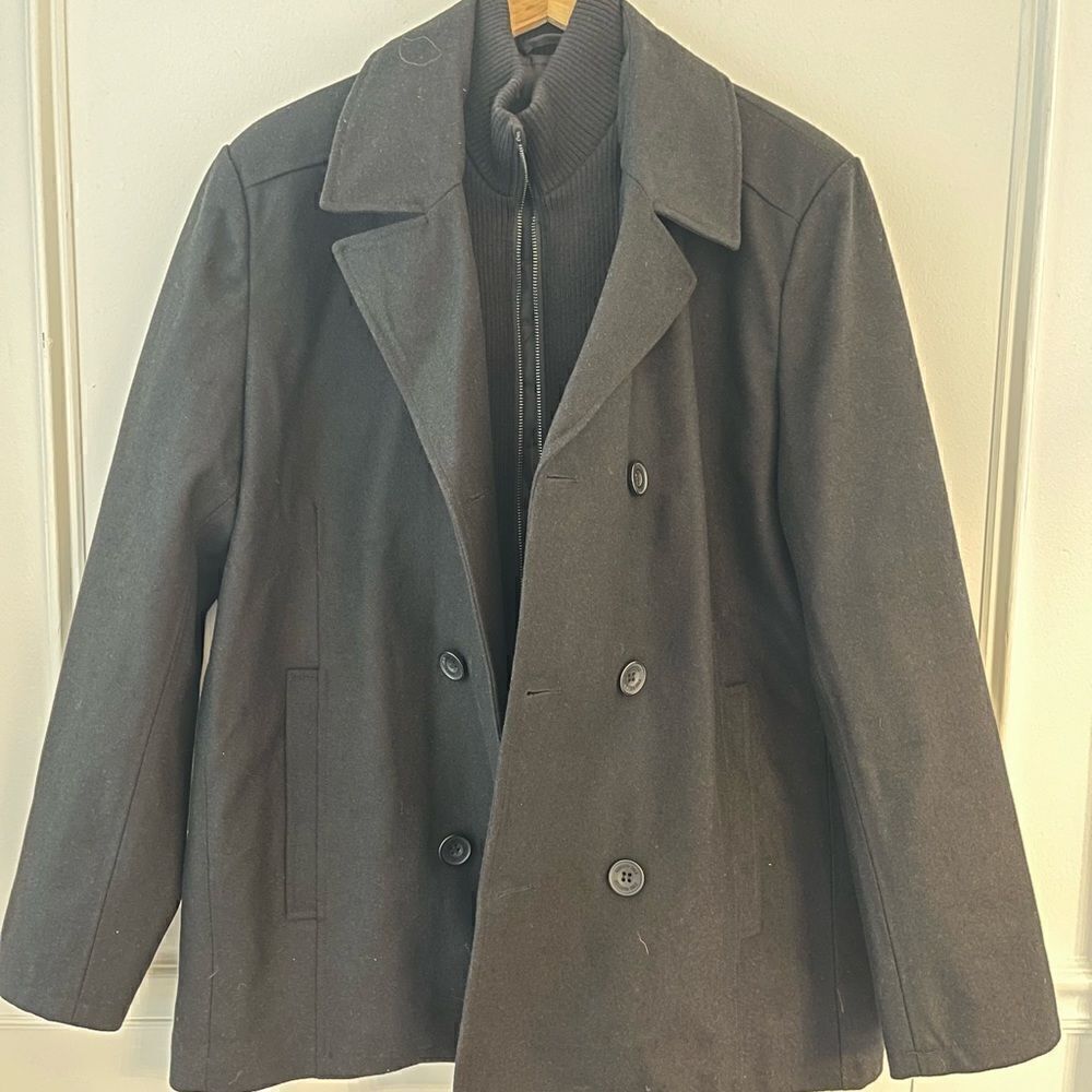 Men’s Kenneth Cole Wool Blend Coat with Faux Zipper Vest, Quilted Lining NWT